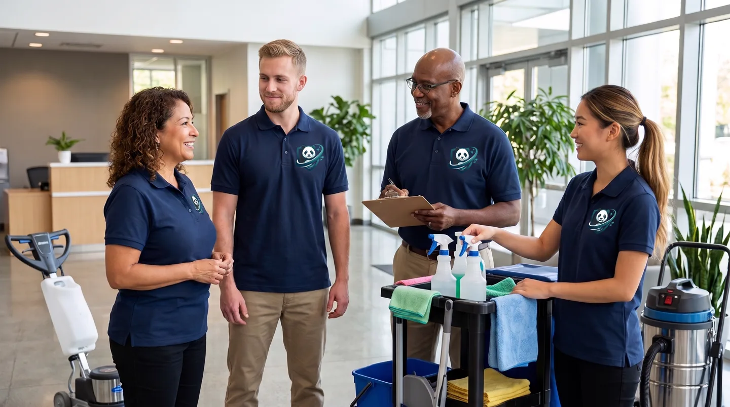 The Clean Pandas team in branded uniforms with their cleaning cart in a bright Montreal office lobby