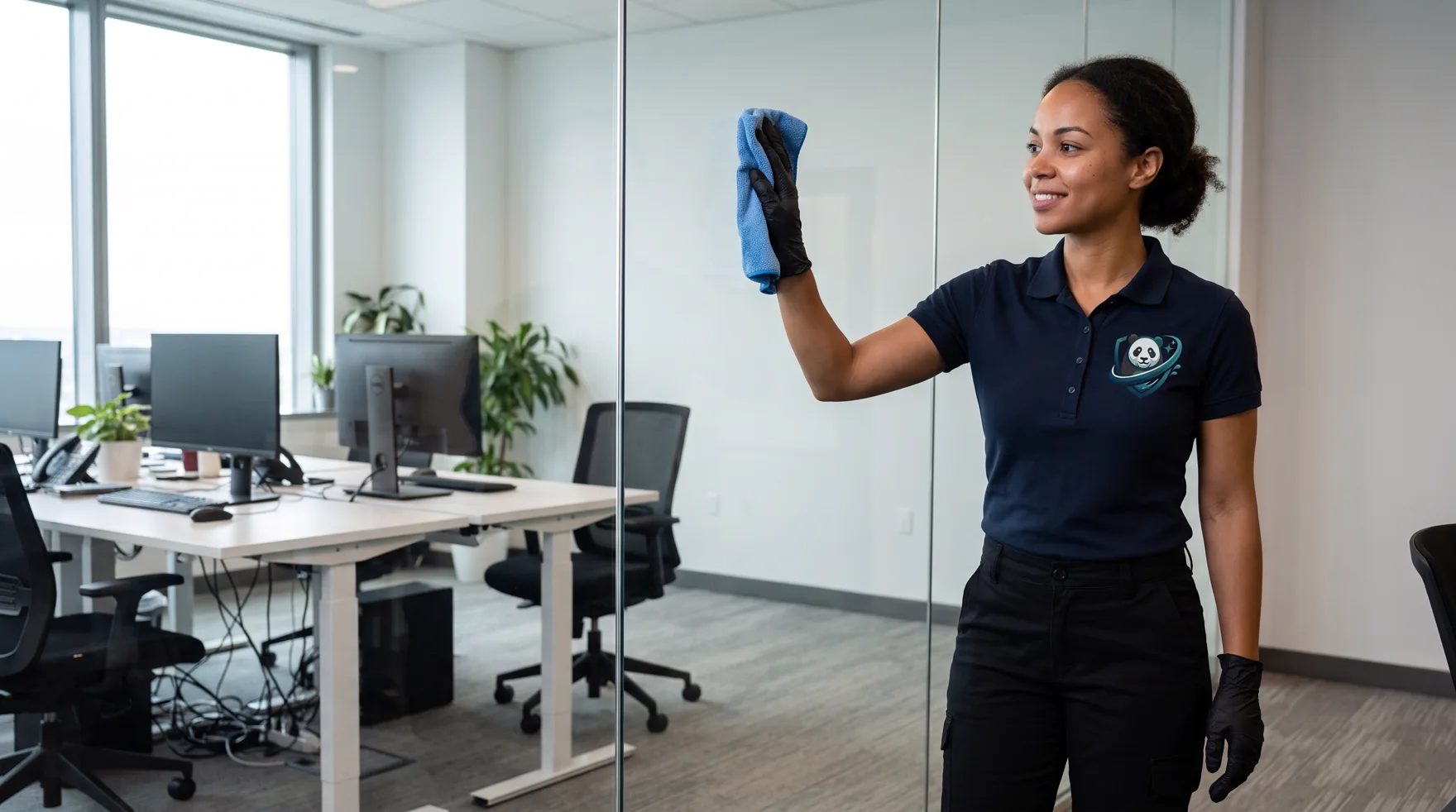 A Clean Pandas team member wiping down a glass office wall in Montreal