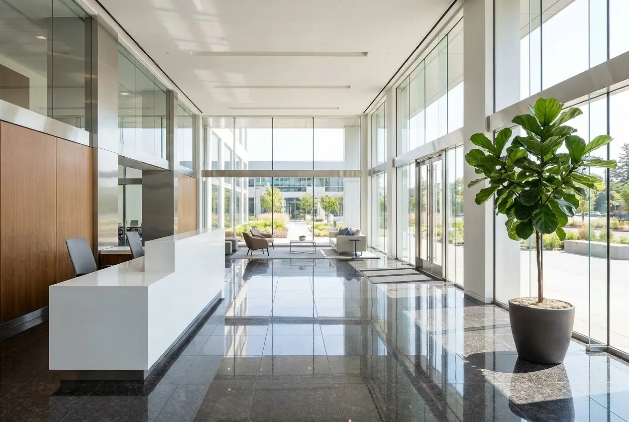 A clean commercial lobby maintained by the Clean Pandas janitorial crew